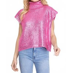 NEW SHE + SKY metallic foil sleeveless turtleneck sweater top in candy pink